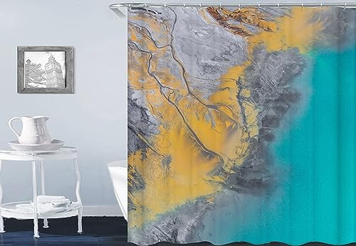 Homxi Ösen für Duschvorhang,120 W x 180 H cm,Badewannevorhang Grau Gelb Marmormuster Polyester Duschvorhang Haken Plastik