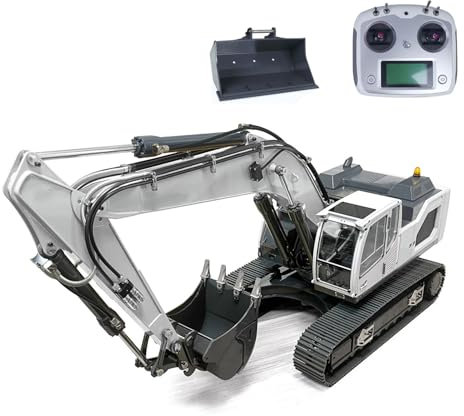 wheelfun XDRC 1/14 RC Pelle hydraulique sur chenilles pour modèle de véhicule de construction 945 Seau en métal Lumière rotative Radio I6S peinte en blanc