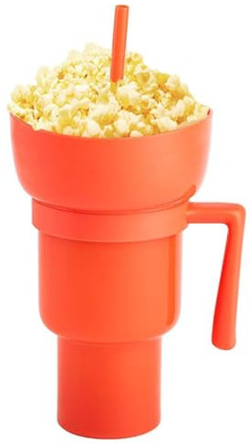 UMMEI Drink Cup Tray with Snack Bowl Tumbler with Bowl, Leakproof Snack Tumbler, Reusable Snack Drink Cup for Theater Home Travel,Orange,1L