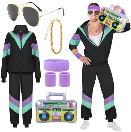 90er 80er Jahre Outfit Herren Damen Mottoparty Kostüm Kostüm 80er Jahre Trainingsanzug Jacke Hose Anzug 80er Accessoire 80er Jahre Kleidung Herren Frauen Rocker Vintage Bad Taste Kostüm für Karneval