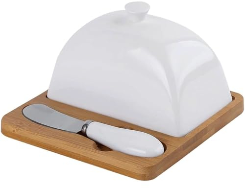 HSHTTKL Beurrier en céramique avec Couvercle en Bois et Couteau à Beurre pour comptoir, boîte de Rangement du Fromage, Cadeau de Cuisine, récipient à Beurre