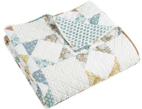 Levtex Home - Lottie - Throw - Patchwork - Sienna Teal Green Ochre Taupe and Cream - Throw Size 50x60in. -Cotton