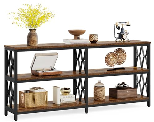LITTLE TREE Console Table with Storage Shelves, 70.9 Industrial 3-Tier Sofa Table for Living Room, Long Foyer Table Entryway Table for Hallway, Front Door, Entrance, Rustic Brown & Black