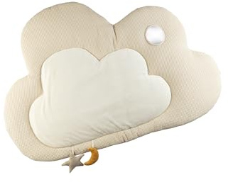 Baby Unisex Spieldecke in Wolkenform, wattierte Krabbeldecke Himmelskörper mit Silikonring, Spiegel und Quietsche, 80 x 100 cm