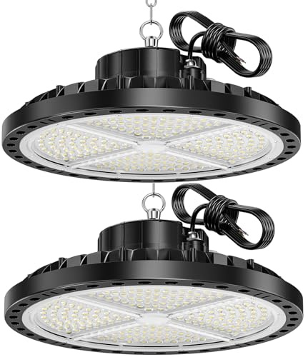 ANNIFUNLY 200W UFO LED Lámpara Alta Bahía Focos Led Nave Industrial,2PCS | 20000LM Alta Iluminacion, Blanco Frío, IP65 Impermeable Focos LED para Techo de Taller, Garaje, Fábrica, Almacenes, Estadio