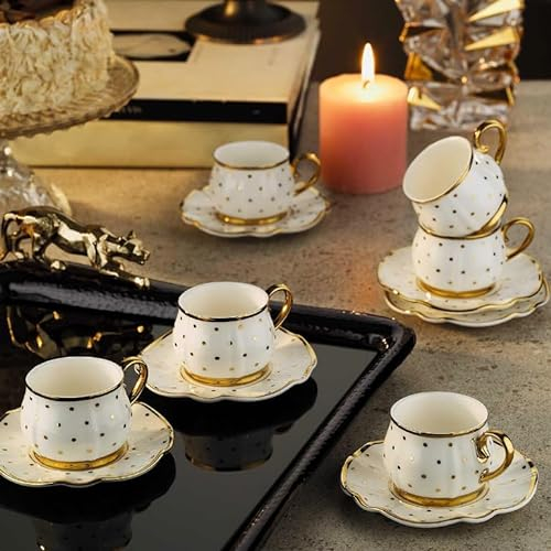 derya home Porcelain Espresso Cup Set, Arabic coffee cups, Turkish Coffee Cup Set of 6, Cups and Saucers (3 Oz) Gold Patterned Cups - Mixed color