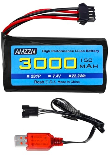 AMZZN 7,4V 3000mAh 15C 2S SM-4P Li-Ion Akku mit USB-Ladegerät für EC08 DE85 RC Auto, LKW RC Schiff Fernbedienung Drohne Technik Fahrzeug Ersatzbatterie