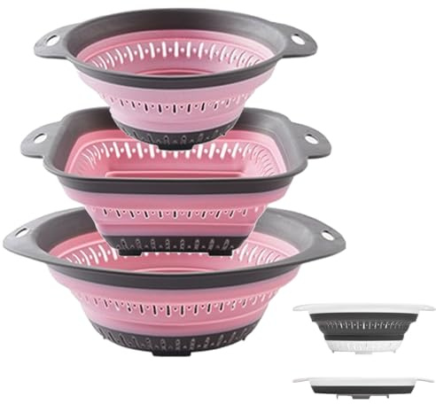 Collapsible Colander and Strainer,Silicone Strainer Colanders & Food Strainers,for Vegetable and Fruit, Kitchen Essentials (3, Pink, 1.3L+2.1L+2.5L)