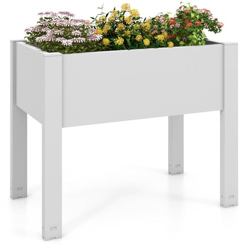 COSTWAY Raised Garden Bed, 53L Self-Watering Planter Box with Water Level Monitor, Water Drainage Hole & Detachable Crossbar, Fruit Vegetable Flower Pot Container for Patio Balcony Yard (Grey)