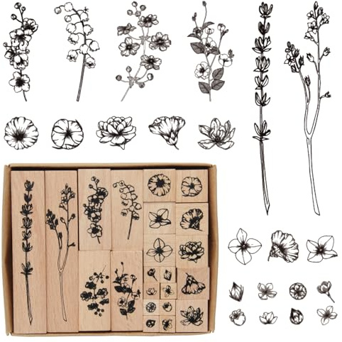 UTMACH 22 Stück Stempelset Holz Blumen für DIY Basteln | Pflanzen Stempel Holz,Blatt Holzstempel klein,Vintage Gummi Stempel kartengestaltung