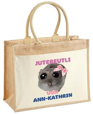 LIEBTASTISCH - Nachhaltige Jutetasche - Personalisiert Jutebeutli mit Sad Hamster Hamsti und Namen- hochwertig - Einkaufstasche - Geschenkidee - Tasche (M (30x30x19 cm))