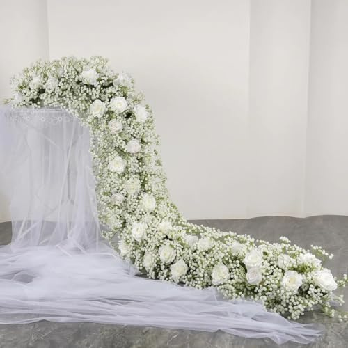 1M/3FT Multiple Colors Rose Hydrangea Green Plants Flower Row Runner Artificial Large Flower Ball Wedding Backdrop Decor Floral Wall Party Props (29,100 * 40CM)
