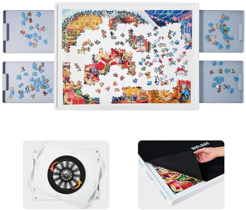 WELGEE Roterande pusselbräda med lådor 1 000 stycken, uppgraderad lat Susan snurrande pussel organiseringsbord med pusselmatta, premium ABS-plast, idealisk gåva