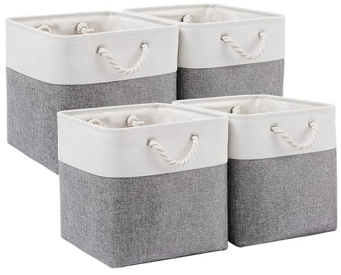 ICEMOR 28 x 28 x 28 cm Cube Storage Boxes, 4 Pack Large Collapsible Fabric Storage Bin with Ropes, Foldable Storage Cubes for Home, Office,Closet, Clothes, Toys Organizer (White & Grey)