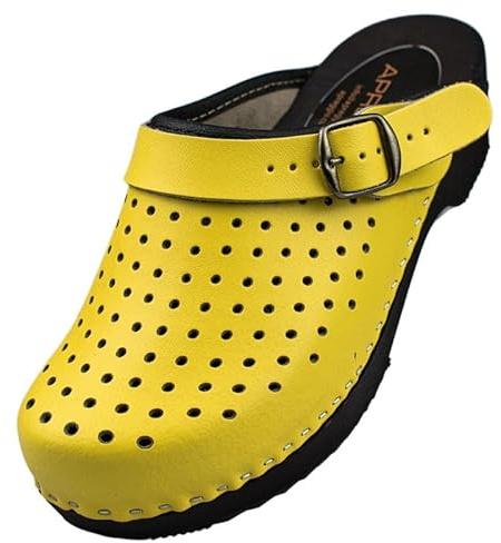 APREGGIO Sabots Femme en Cuir - Sabots de Jardin Pratiques - Semelle Bois - Respirants et Confortables - Bride réglable - Tailles 36/42