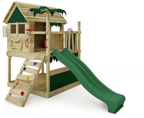 FATMOOSE Spielturm Klettergerüst TikaTaka Town XXL mit grüner Rutsche, Outdoor Kinder Kletterturm mit Sandkasten Leiter & Spiel-Zubehör für den Garten