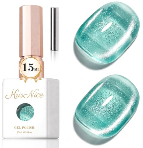 KRISNICE Cat Eye UV Gel Nagellack mit Magnet, 15ml Grüner Blitz Cateye Magnet Einweichen Holografischer Katzenaugen Gel Nail Polish UV Nagellack Glitzer Art Manicure Salon Home DIY(MY010)