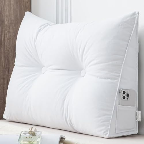 Generisch Cozy Rückenkissen, Lesekissen für Bett und Sofa, 80x50x20 cm Weiß Keilkissen, Dreieckiges Lendenkissen mit Abnehmbarer, Waschbarer Bezug, Praktisches Seitenfach