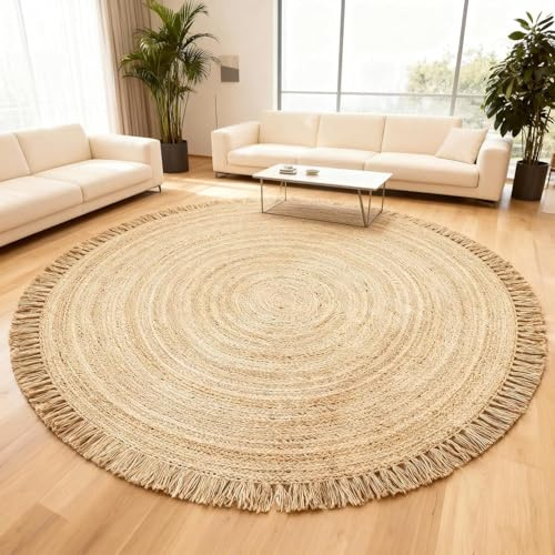 FURNISHFUL FINESSE Hand Woven Jute Round Rug, Natural Reversible Boho Area Rug for Entryway, Kitchen, Living Room and Bedroom I Farmhouse Indoor Floor Rug - 6ft, Circular