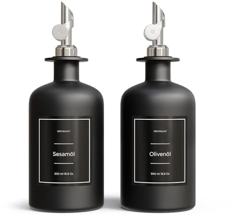 Greymount ® Essig und Ölflaschen Set - 2er Pack Ölspender 500ml | Ölflasche aus Glas mit Ausgießer Silber für Olivenöl, Essig und mehr | Perfekt für Kochen, Salate und BBQ
