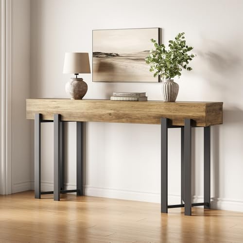 Tribesigns Schmaler Konsolentisch 160 cm im Landhausstil - Platzsparend für Diele, Flur & Wohnzimmer, als Couchtisch hinter dem Sofa oder Home-Office Schreibtisch mit Metallgestell (Hellbraun)