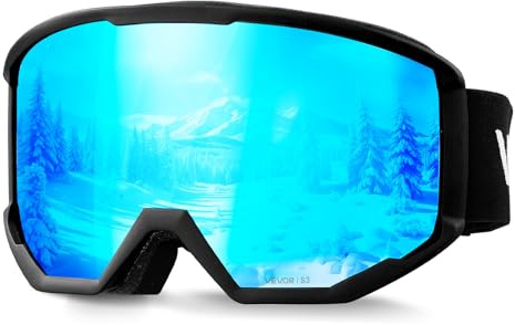 VEVOR Ski Goggles, Cylindrical Lens with Ice Blue Revo Coating, OTG Anti fog Snow Goggles for Men Women Youth, TPU Frame & Ventilation Structure, Suitable for Skiing, Skating, Snowboarding, Cycling