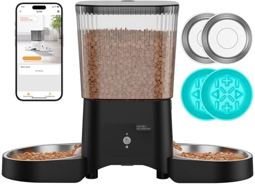 HoneyGuaridan Distributore Automatico Cibo Gatti con WiFi 2.4G/5G, 3,5L Dispenser Crocchette Gatto – Include 2 Ciotole in Acciaio Inossidabile & 2 Ciotole Slow Feeder Anti-Soffocamento