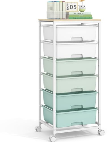Rolling Storage Cart with 6 Drawers and Wooden Tabletop, Lockable Wheels Utility Cart for Art Studios, Office Supplies & Craft Room Organization (Green)