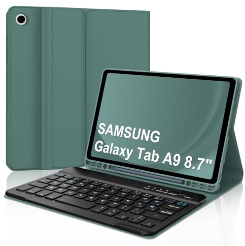 Coque Clavier pour Samsung Galaxy Tab A9 8.7 Pouces, AZERTY Français Housse Clavier Bluetooth Magnétique Détachable avec Porte Crayon pour Tablette Samsung Galaxy Tab A9 8.7 2023, Vert foncé