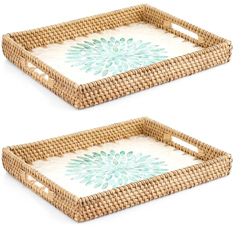 LDXDRU 2 Stück Groß Vintage Tablett aus Rattan mit Muschel, 30 * 24cm Handgewebtes Dekoratives Serviertablett im Boho Stil Rattan Serviertablett mit Griff für Frühstück, Getränke, Snacks