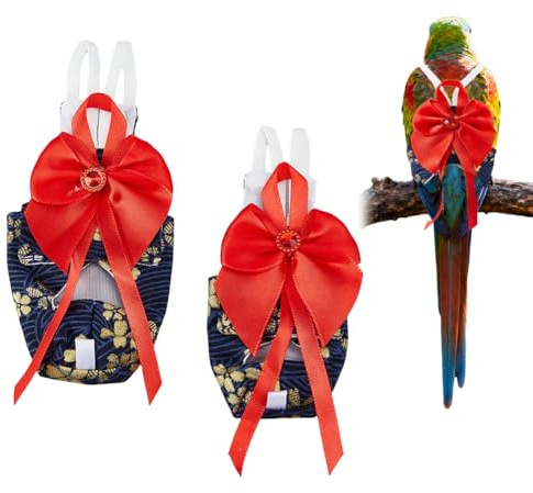 SUPERFINDINGS 2Pcs 2 Tailles Combinaison de Vol pour Oiseaux Couches en Coton Vêtements pour Perroquet Couches Réutilisables Harnais avec Nœud Papillon Rouge Lavable Mignon Costume pour Conure