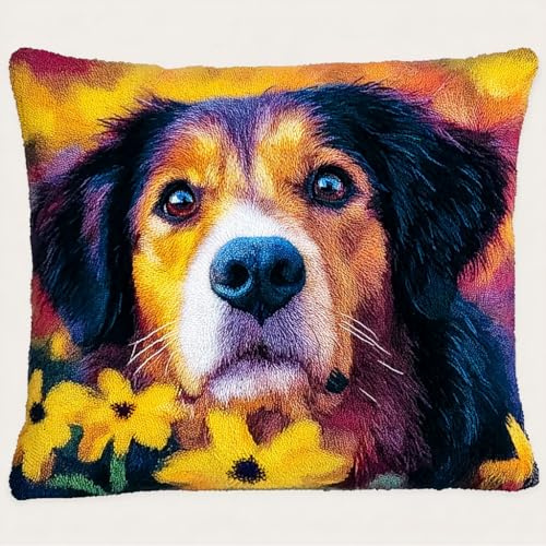 Henypt Knüpfkissen Set Tiere, Hunde und Blumen Knüpfen Knüpfhaken-Sets,Knüpfteppich Knüpfpackung Set, Sofakissenbezug,DIY Kissen Knüpfset Mit Anleitung 43X43cm