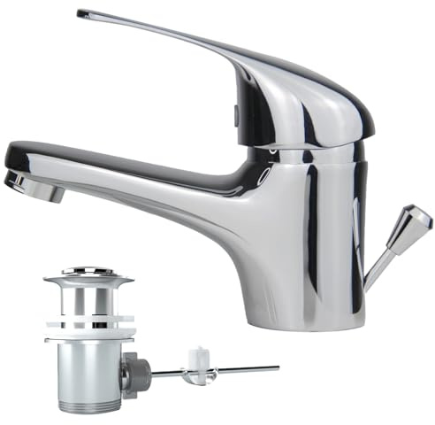 Wasserhahn Bad, SEMANEY Waschtischarmatur mit Zugstange, Einhebel Armatur Badezimmer mit Ablaufgarnitur, Einhebelmischer Mischbatterie Waschbecken Armaturen, Chrom