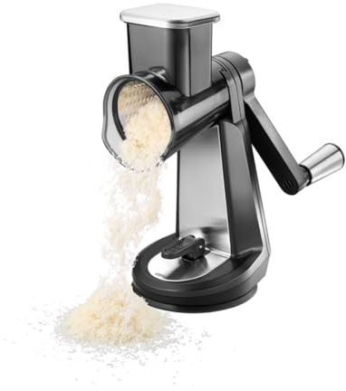 GEFU Trommelreibe mit 3 Trommeln – fein, grob & Scheiben, Stößel, hoher Standfuß, Vakuumsaugfuß, leicht zu reinigen, Gemüsereibe mit Kurbel