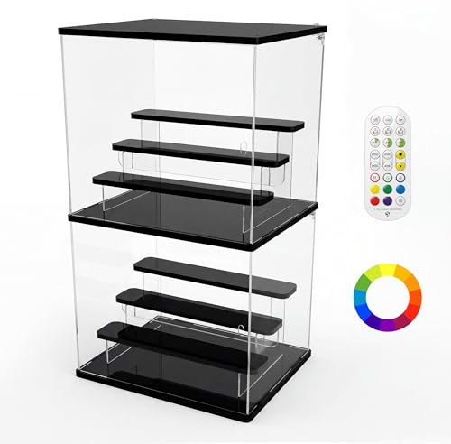 Transparente Acryl-Vitrine mit 9 RGB-Farben-LED-Beleuchtung für Sammlerstücke : 4-lagige Displaybox mit Regalen für Funko Pop Mart Labubu usw. 2 Pack, in Reihe oder einzeln verwendbar, App-Modus