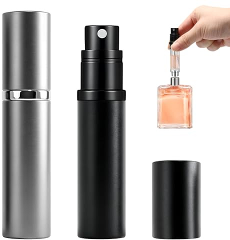 Nify Pack de 2 Botellas de Perfume de Viaje de Aluminio de 5ml, Botella de Perfume Recargable de Llenado por la Base en Gris y Plateado, Atomizador de Perfume de Viaje de Niebla Fina Recargable para