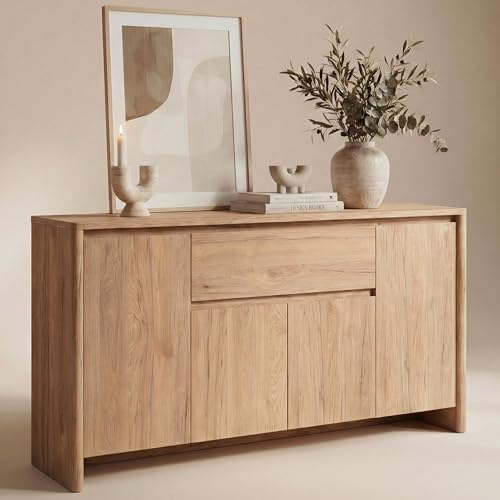 Newroom Sideboard Eiche Braun grifflos Kommode mit Türen Wohnzimmer Flur | 1 Schublade, 3 Fächer, 3 Einlegeböden, matte Holzoptik mit Maserung, Anrichte, Schlafzimmer, moderner Japandi Skandi Stil