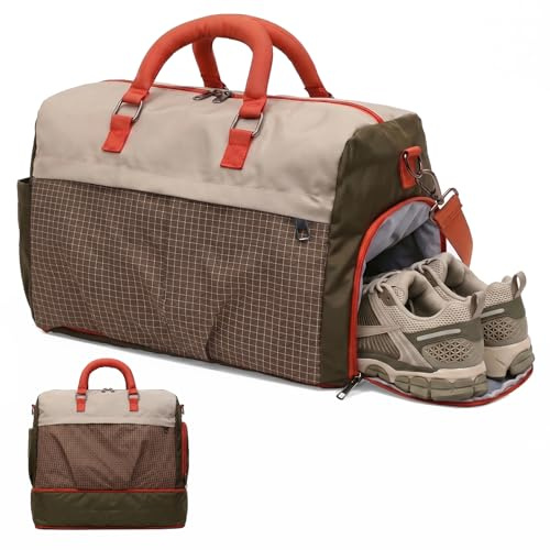 HAWILAND Sporttasche Damen & Herren mit Schuhfach und Nassfach, Erweiterbare Fitness Tasche (22L-30L), Gym Bag Reisetasche Weekender mit Kofferband für Sport, Training, Reise und Handgepäck, Brown