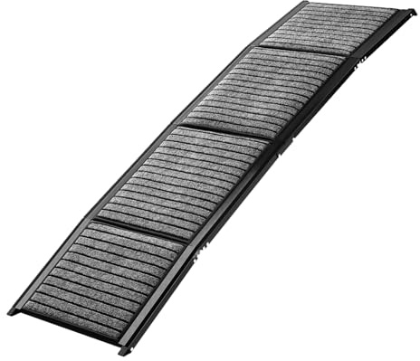 TRUTZHOLM Hunderampe klappbar 158 cm, Autorampe für Hunde, bis 110 kg Tragkraft, 4-Fach klappbar, Aluminium, rutschfeste Teppichoberfläche, Sicherheitsgurt, Einstiegshilfe für Auto, SUV, Sofa, Bett