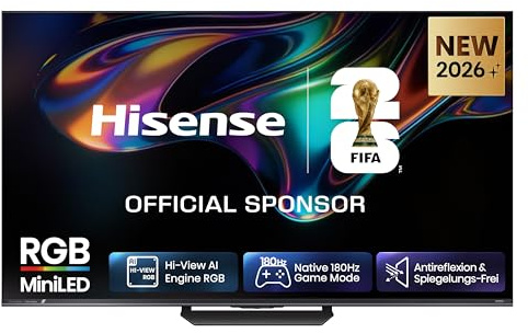 Hisense 65UR8DS Fernseher 65 Zoll, 4K UHD, RGB Mini LED, Smart TV, 180Hz, Hi-View AI Engine RGB, Dolby Vision.Atmos, AI RGB Lichtsensor, AI 4K Upscaler, AMD FreeSync Premium Pro, Tuned by Devialet