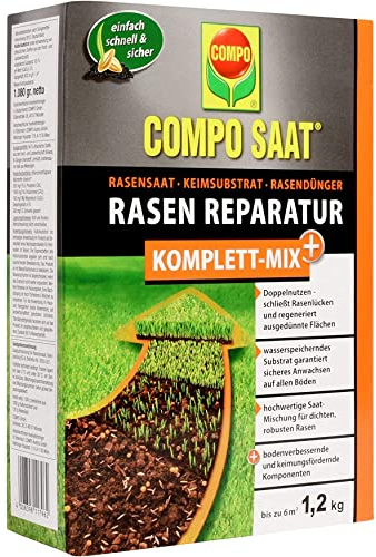 COMPO SAAT riparazione completa di tappeto erboso +, semi di erba, substrato di germi, fertilizzante per prato a lungo termine e attivatore del suolo, 1,2 kg (6 m²)