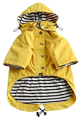 MOREZI Hunderegenmantel, mit Reißverschluss und reflektierenden Knöpfen, Regen-/wasserdicht, Verstellbarer Schultergurt, abnehmbare Kapuze, hält den Hund sauber und ordentlich-Gelb-S