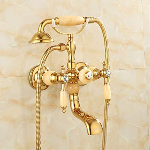 UZSYLE Gold Badewanne Armatur Warme Und Kalte Wasser-Mischer-Hahn-Antike-Badezimmer Einfach Triple-Duscharmatur All Kupfer Retro-Stil, C