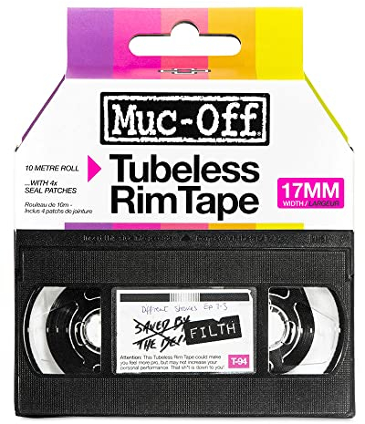 Muc Off Tubeless Rim Tape - Pressure-Sensitive Semi-Transparent Rim Tape for Tubeless Bike Tyre Setups - Extreme Strength and Durability - 10m Roll with 4 Seal Patches - 17mm