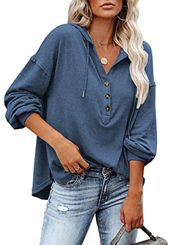 PLOKNRD Huvtröja, dam, långärmad, knappar, tröja med dragsko, fritid, v-ringad, Henley, sweatshirt, klassisk, Marinblå, XXL