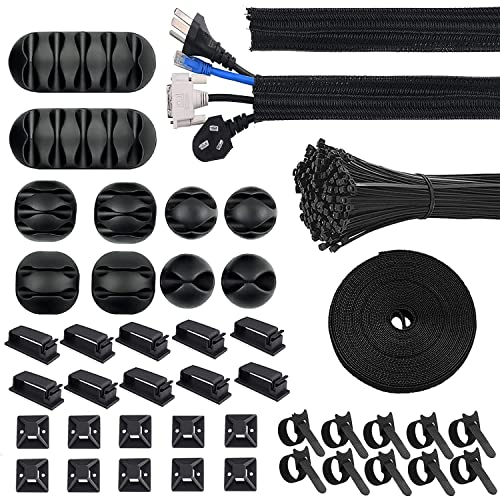 Moseem Cable Management Kit 142Pcs,Wire Organiser Cable Tidy,1 Cable Sleeve,10 Self Adhesive Base,10 Cable Clips,10 Cable Ties,10 Silicone Cord Holder,1 Roll Self Adhesive Tie,100 Wire Fastening Ties