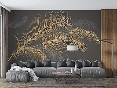 SILK ROAD EU Seide Fototapete 3D Effekt Goldene Federn 356 × 250cm 3D Tapeten Maximale Länge bis zu 8m, Kann in Wohnzimmer, Küche, Schlafzimmer, Kinderzimmer, Studio