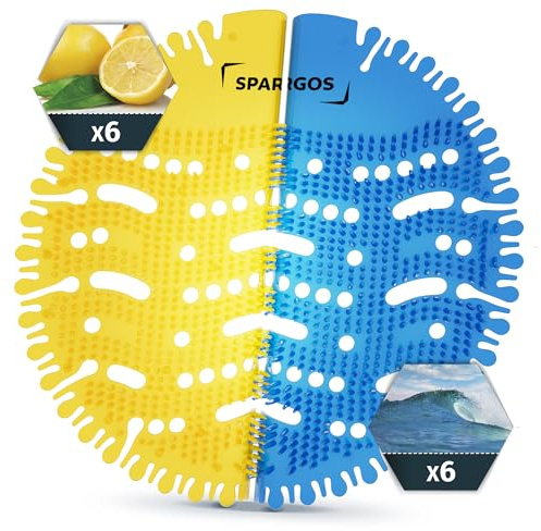 (Paquete de 12) Spargos Rejillas Urinario Desodorante Brisa oceánica (6) Limón (6) Protección Contra el Olor Anti Salpicadura Por Aseos en la Oficina del Baño Estadios Escuelas con Guantes Gratis