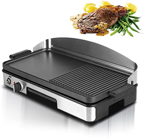 Plancha Cocina Electrica, Parrilla Eléctrica de 110-220V con Parte Superior Mitad Plana, Antiadherente, 1750 W, para Restaurante Comercial Teppanyaki, de Acero Inoxidable, Antisalpicaduras