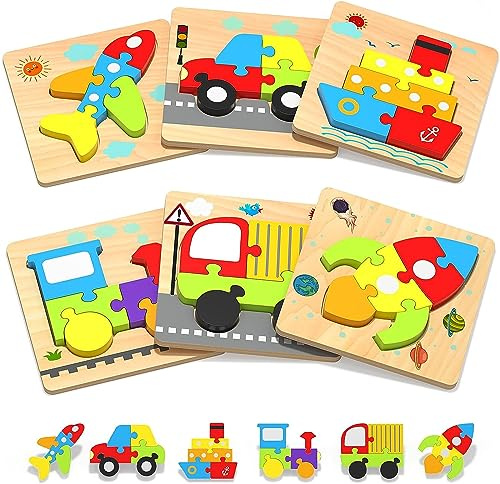 TLHWIN Holzpuzzle für Kleinkinder, Spielzeug für Kinder, 6 Stück, Tier-Puzzle, Montessori, Lernspielzeug, Spiele, Fähigkeiten, Holzspielzeug-Set für 1+ Jahre, Baby, Mädchen, Jungen (Transport)